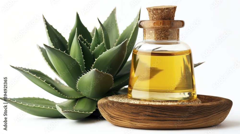 Aloe vera essential oil, agave oil and plant isolated in white background