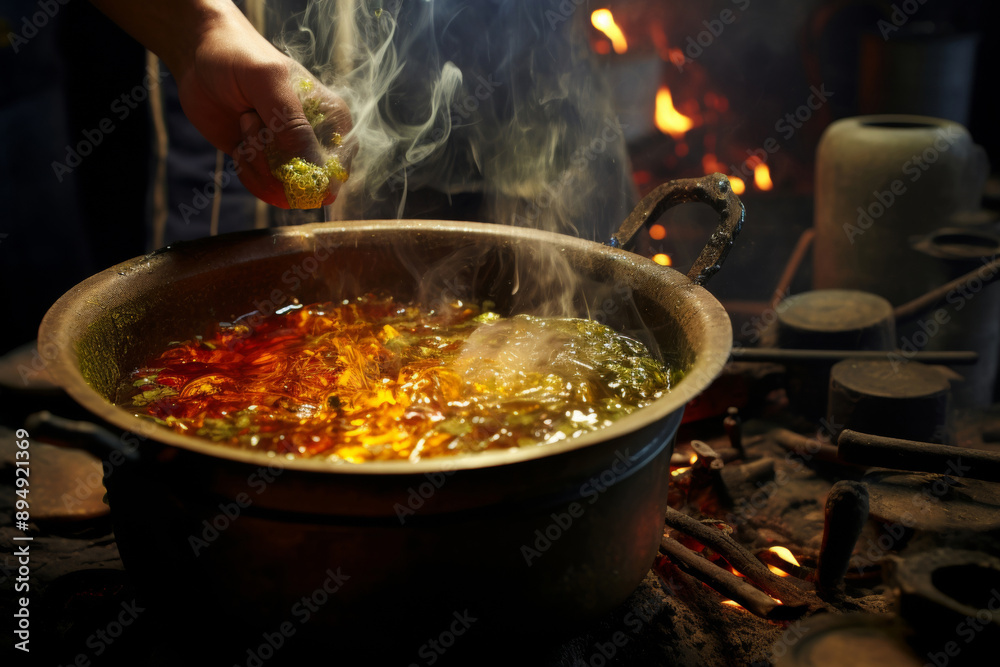 Old witchs hands adding ingredients to bubbling potion in cauldron for halloween spell ritual. Old witchs hands adding ingredients to bubbling potion in cauldron for halloween spell ritual.