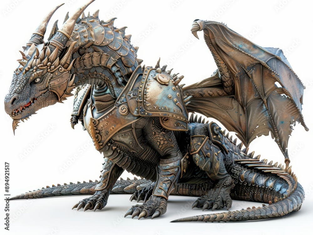 Fototapeta premium A detailed illustration of a fierce dragon in full armor, showcasing intricate design and fantastical elements. Ideal for fantasy themes.