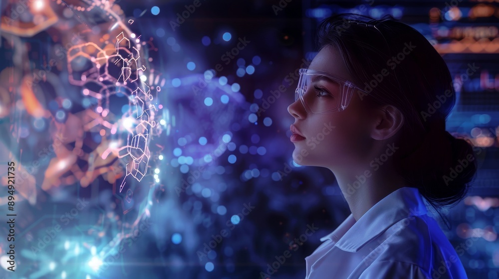 Scientist woman amazed by holographic tech in lab, futuristic and vibrant color setting. Scientist woman amazed by holographic tech in lab, futuristic and vibrant color setting.