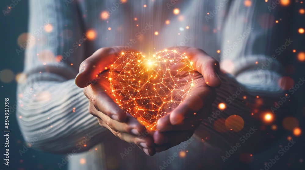 Hands Holding a Glowing Digital Heart - Person holding a glowing heart ...