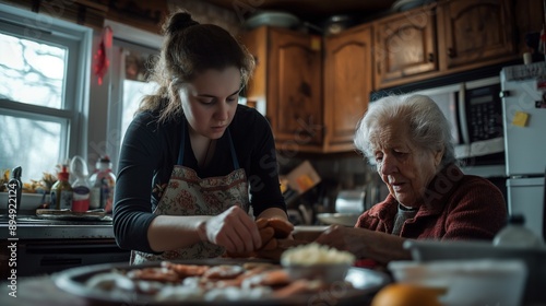 home health aide assisting an elderly person with daily activities like bathing, dressing, and eating