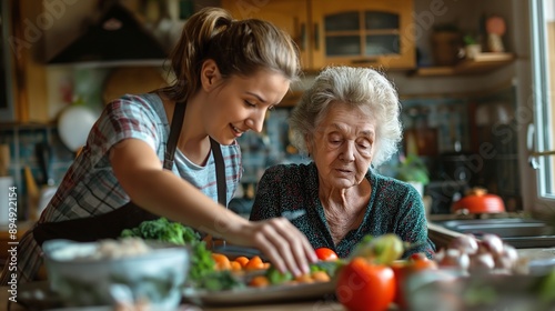 home health aide assisting an elderly person with daily activities like bathing, dressing, and eating