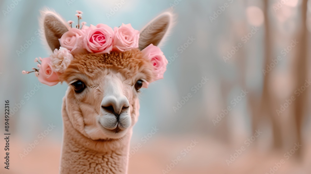 Obraz premium Cute Alpaca Wearing a Pastel Rose Flower Crown