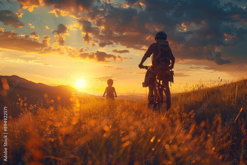Silhouette of father and his child riding a mountain bike uphill with brilliant sunset background Silhouette of father and his child riding a mountain bike uphill with brilliant sunset background