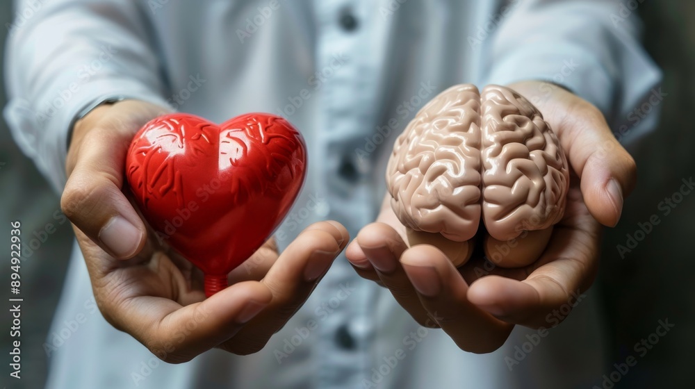 Heart vs Brain: The Choice is Yours - Person holding a heart in one hand and a brain in the other, person holding heart brain, duality of feeling and thinking Heart vs Brain: The Choice is Yours - Person holding a heart in one hand and a brain in the other, person holding heart brain, duality of feeling and thinking