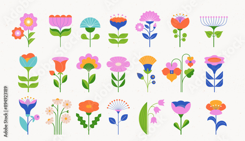 Modern Flowers illustrations. Geometric, flat style design, folk motif, bright and colorful flowers. Vector illustrations