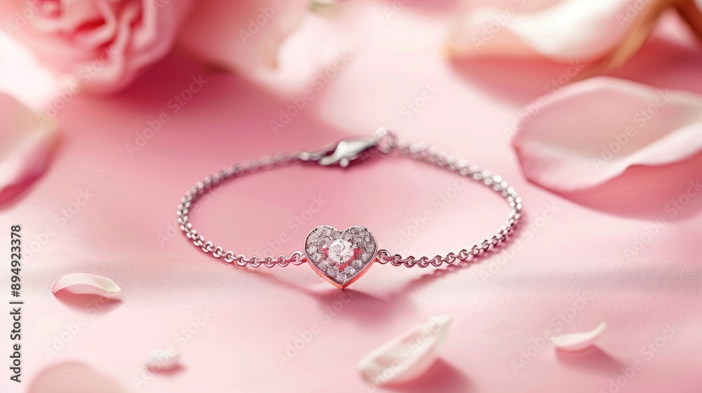 Romantic Valentine s Day Bracelet with Personalized Name Heart and Diamond on Pink Backdrop Romantic Valentine s Day Bracelet with Personalized Name Heart and Diamond on Pink Backdrop