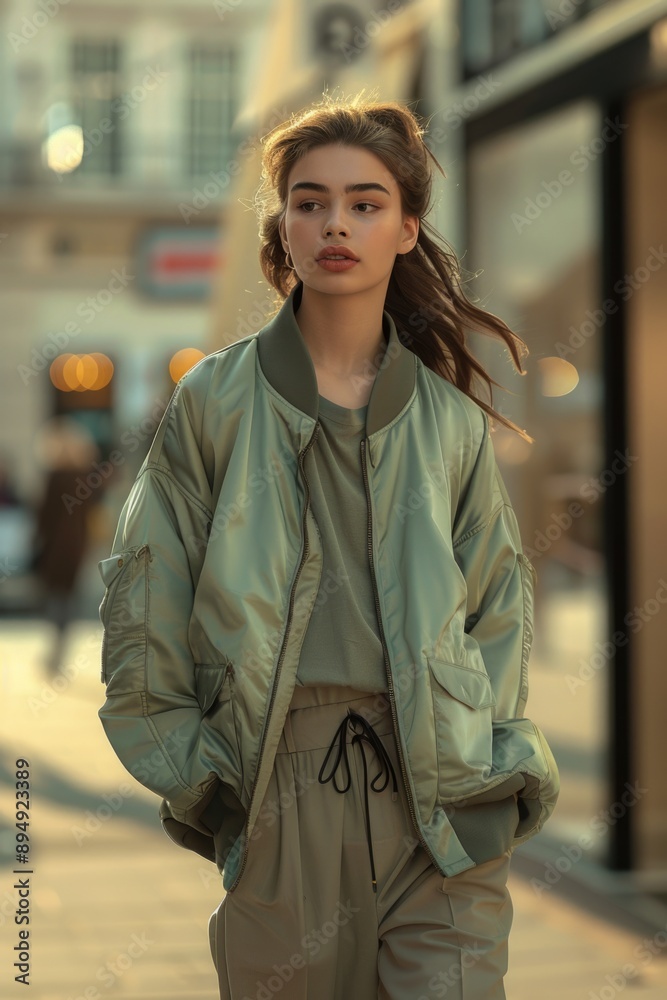 Stylish Young Woman Walking Through City Street at Sunset Stylish Young Woman Walking Through City Street at Sunset