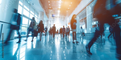 Dynamic Corporate Hustle: Long Exposure Banner of Busy Office Corridor with Blurred Business Professionals. Cutting-edge 4K Wallpaper Captures the Energetic Flow and Fast-paced Atmosphere of Modern Wo