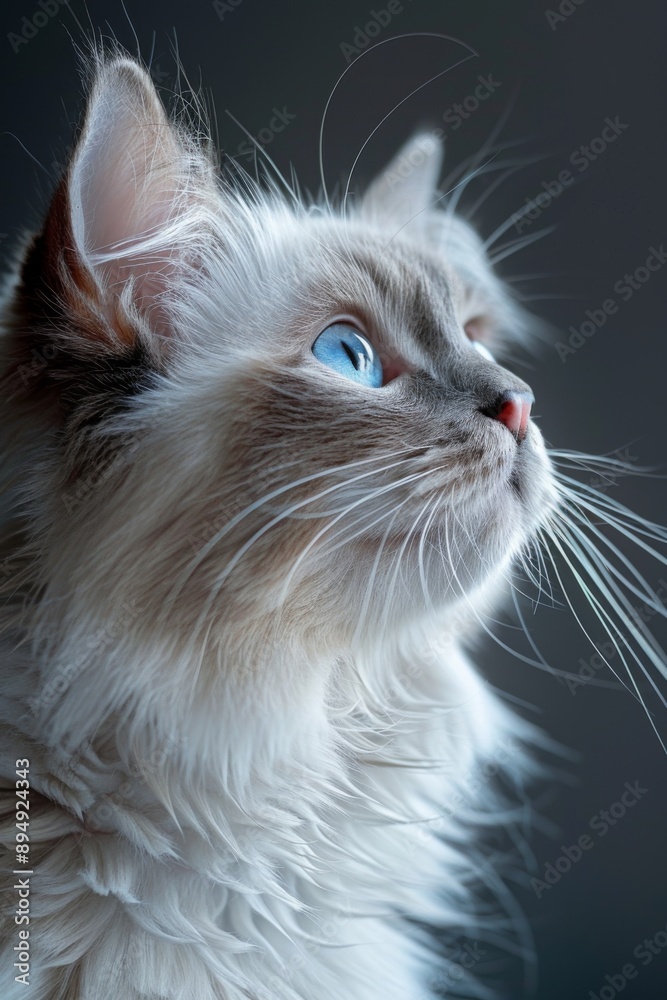 Close-Up of Fluffy Blue-Eyed Cat with Long Whiskers Against Dark Background. Close-Up of Fluffy Blue-Eyed Cat with Long Whiskers Against Dark Background.