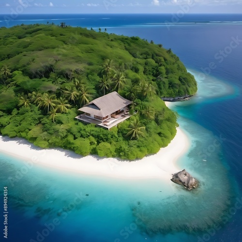 An island surrounded by a vast expanse of deep blue ocean. The island is covered in lush green vegetation and boasts a pristine white sandy beach encircling its perimeter. A single, small house is nes photo