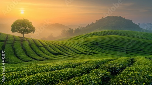 Wallpaper Mural The green tea field sunrise Torontodigital.ca