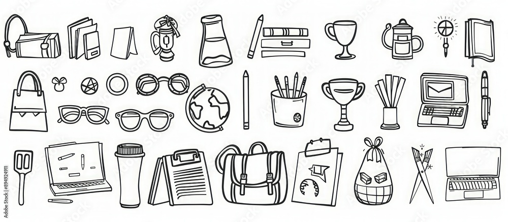 Black and white vector line art of detailed school icons, high resolution.
