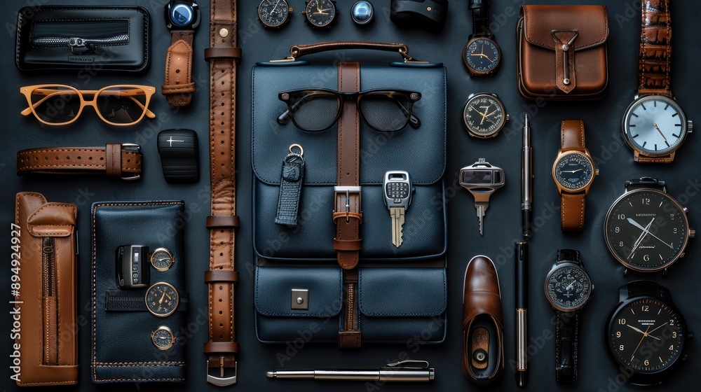 Man accessories in business style, gadgets, eyeglasses, car key, briefcase, shoes Man accessories in business style, gadgets, eyeglasses, car key, briefcase, shoes