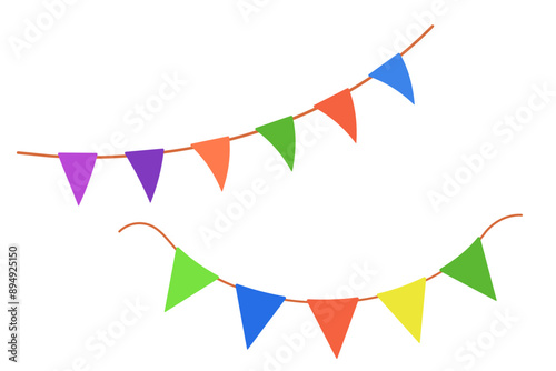 Color pennant isolated on white background. Hanging summer party garland for kids. Triangle flags in rainbow colors. Vector illustrations