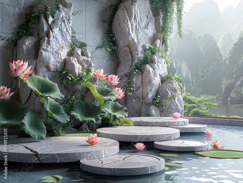 Podium background lotus pond product 3D platform nature scene display. Lotus pond podium background product stage beauty photo