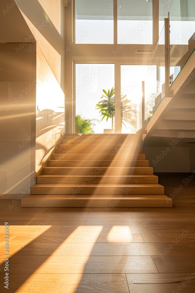 interior of modern house with wooden stairs and sunlight. interior of modern house with wooden stairs and sunlight.