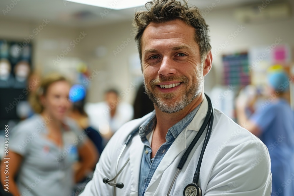 Fototapeta premium Joyful Doctor with Stethoscope in Hospital Setting