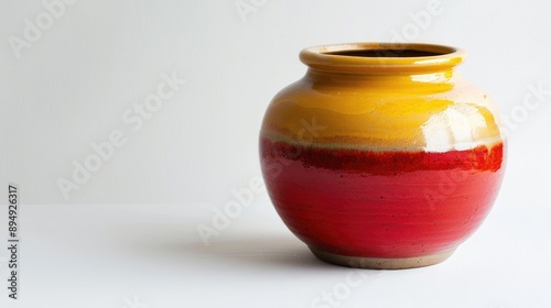 Red and yellow antique ceramic pot on white background vintage decor with empty space