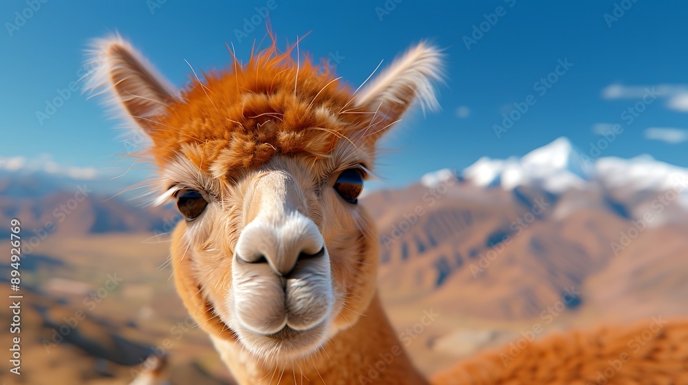 Obraz premium Close-Up of an Alpaca's Face with Snow-Capped Mountains in Background