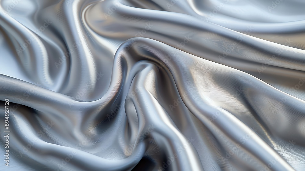 Close-up of smooth, flowing silver satin fabric with elegant waves and a shiny, luxurious texture. Close-up of smooth, flowing silver satin fabric with elegant waves and a shiny, luxurious texture.