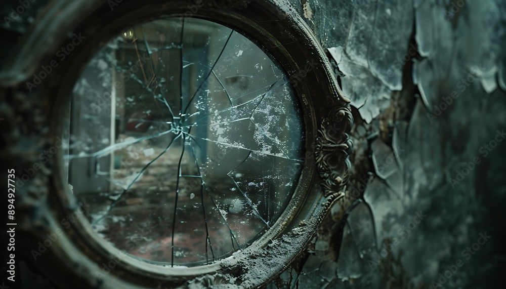 Obraz premium A creepy old mirror with a cracked frame reflecting a dark shadowy room behind it The mirror's surface is dusty and fogged adding to the eerie haunted atmosphere