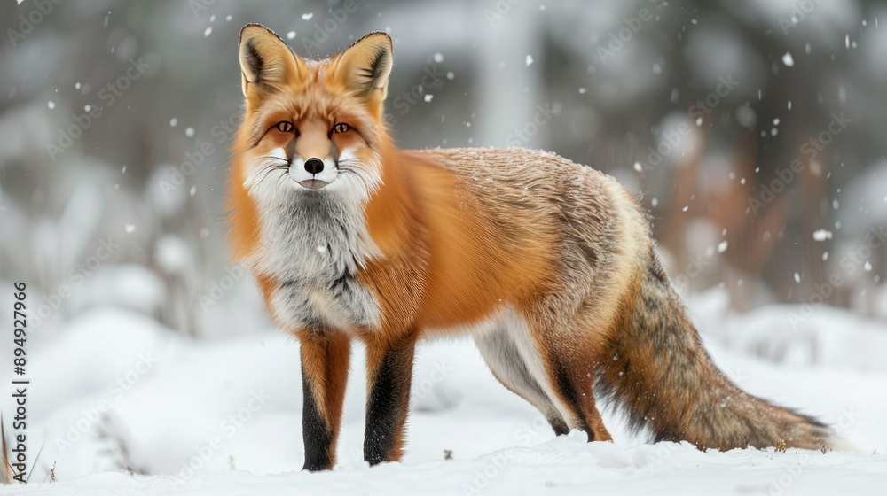 A red fox standing out in a picturesque winter landscape, its striking fur adding beauty to the snow-covered terrain.