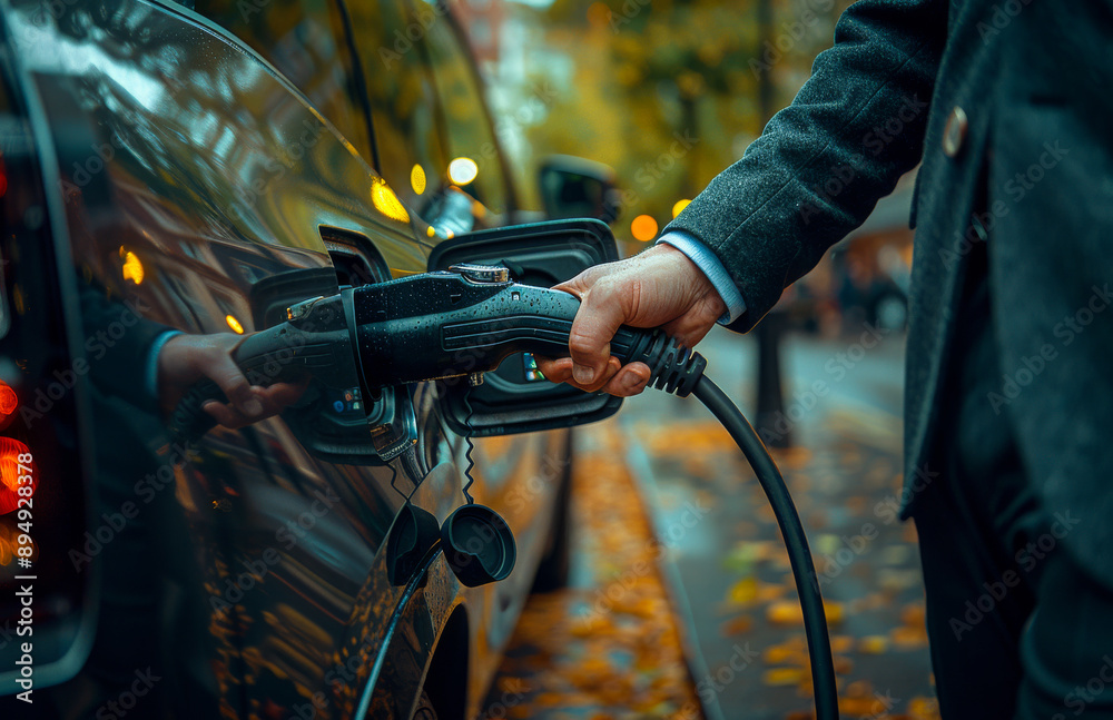 A man is plugging in his car to charge it. The car is black and the man is wearing a gray jacket A man is plugging in his car to charge it. The car is black and the man is wearing a gray jacket