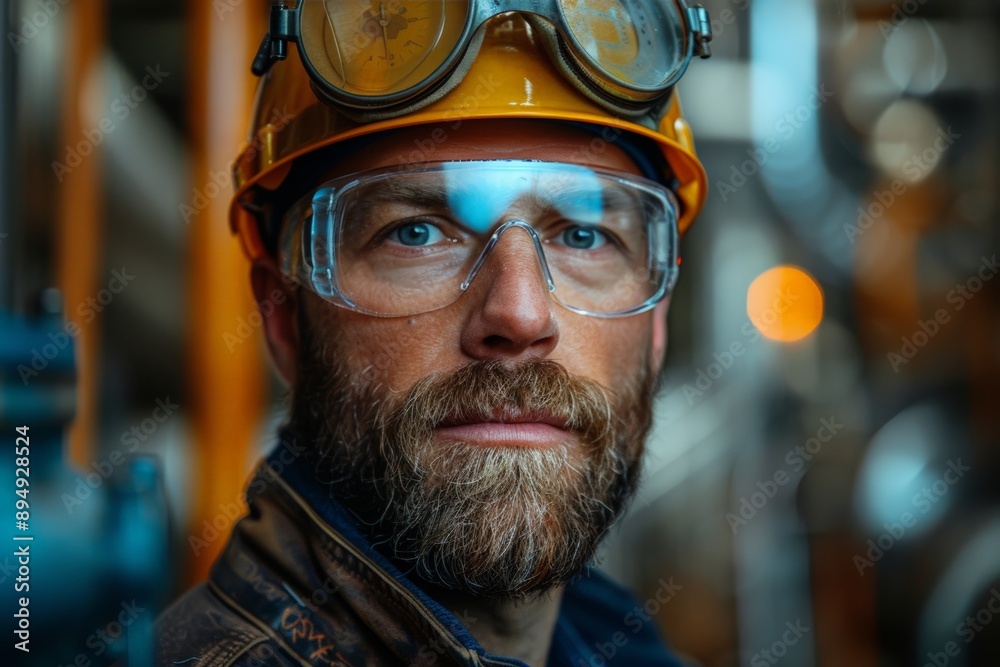 Close-up portrait of male industrial worker with beard wearing safety glasses and hard hat. Captures dedication, expertise in green technology, environmental sustainability, carbon credit industry. Close-up portrait of male industrial worker with beard wearing safety glasses and hard hat. Captures dedication, expertise in green technology, environmental sustainability, carbon credit industry.