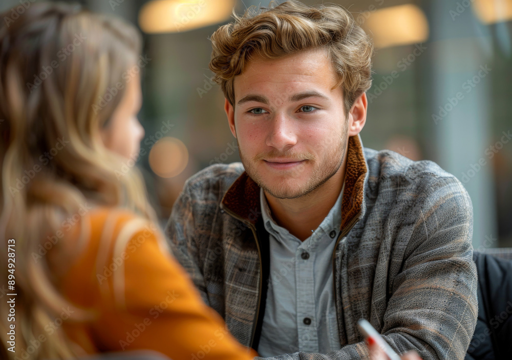 A man and a woman are sitting at a table, the man is smiling and looking at the woman