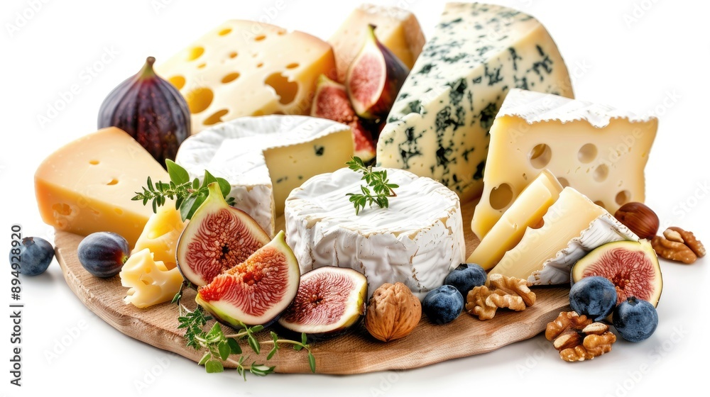 Cheese platter with assorted French cheeses, figs, and nuts isolated on a clean white background. Perfect for sophisticated food visuals. Cheese platter with assorted French cheeses, figs, and nuts isolated on a clean white background. Perfect for sophisticated food visuals.