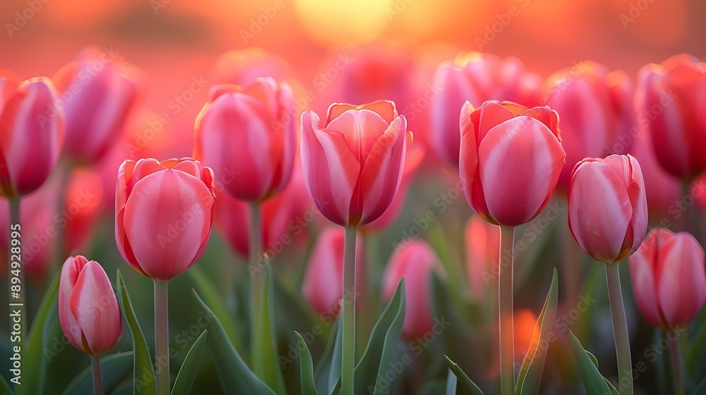 Vibrant field of pink tulips blooming at sunrise, perfect for floral, gardening, nature-themed projects, or springtime promotions, Vibrant field of pink tulips blooming at sunrise, perfect for floral, gardening, nature-themed projects, or springtime promotions,
