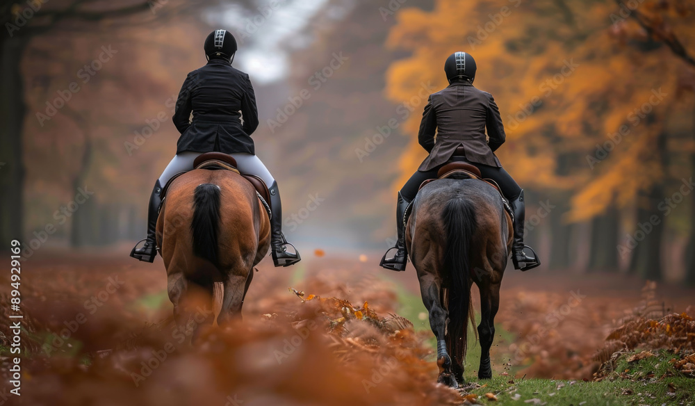 A group of people riding horses through a forest. The horses are brown and the riders are wearing black. The sun is setting, casting a warm glow over the scene A group of people riding horses through a forest. The horses are brown and the riders are wearing black. The sun is setting, casting a warm glow over the scene