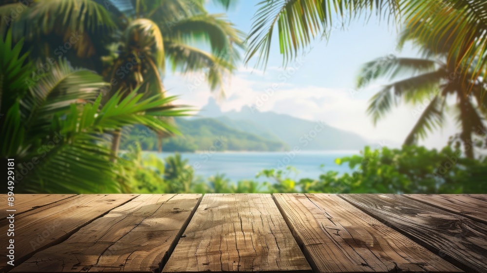A wooden table with a blurred background of a tropical beach with palm trees, ocean, and mountains in the distance.