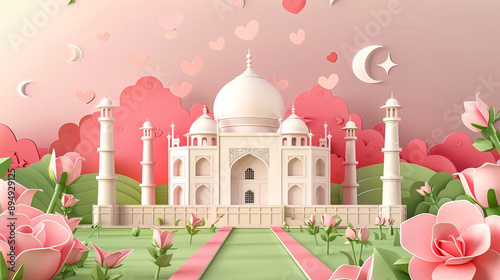 Taj Mahal in Valentine theme decorated by rose in paper art and craft design concept