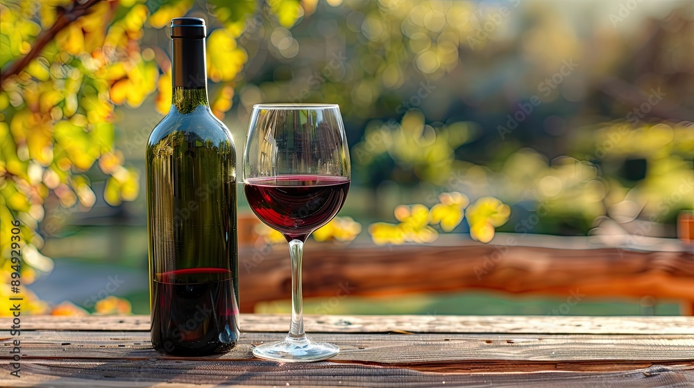 Fototapeta premium Close-up of a glass of red wine and open bottle on a rustic wooden surface outdoors. Ideal for capturing the essence of outdoor wine relaxation.