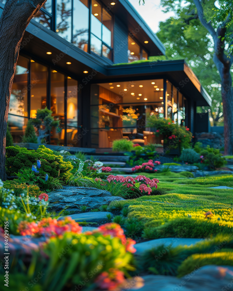 A house with a large garden in front of it. The garden is full of flowers and plants, and the house is surrounded by a stone wall A house with a large garden in front of it. The garden is full of flowers and plants, and the house is surrounded by a stone wall