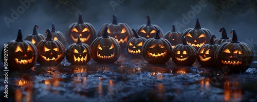 A group of eerie glowing jack-o'-lanterns arranged in a circle on a dark misty night Their carved faces range from sinister grins to terrifying scowls creating a spooky scene photo