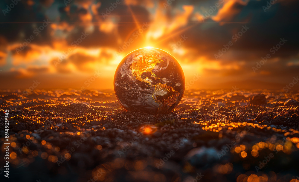 A globe is sitting on a rocky surface with the sun shining on it. The scene is serene and peaceful, with the sun casting a warm glow on the globe and the surrounding landscape A globe is sitting on a rocky surface with the sun shining on it. The scene is serene and peaceful, with the sun casting a warm glow on the globe and the surrounding landscape