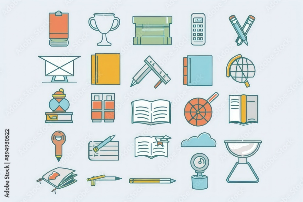 Fototapeta premium Minimalist vector icons for education, perfect for web and graphic design projects.