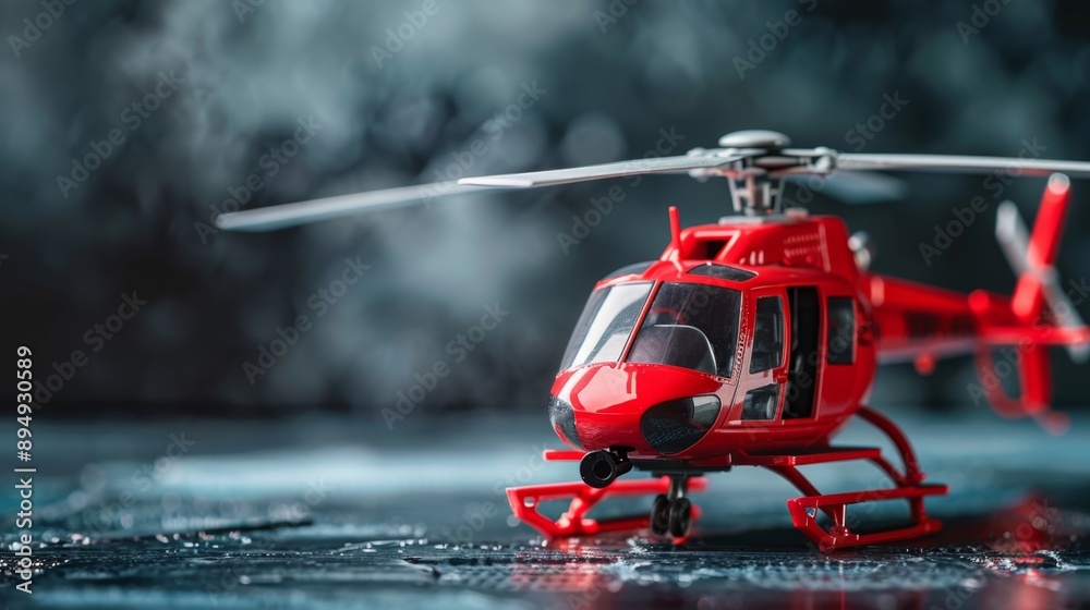Naklejka premium Red Toy Helicopter on a Dark Background - A red toy helicopter sits on a dark background, with smoke or fog in the distance, representing the concepts of play, imagination, transportation