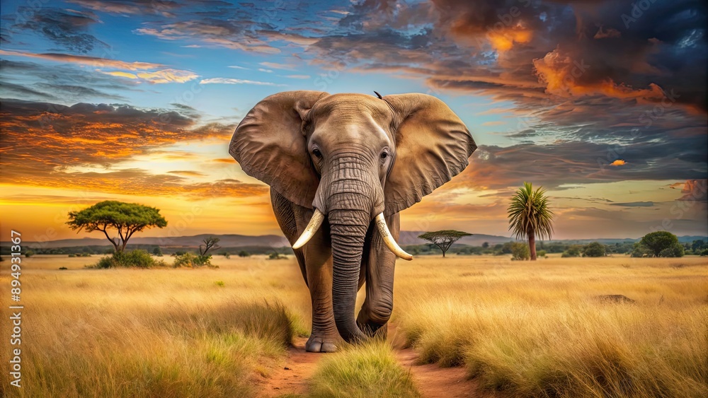 Fototapeta premium Majestic elephant standing in the savannah, wildlife, animal, safari, mammal, trunk, tusks, big, grey, nature