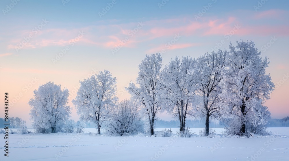 Frosty trees silhouetted against a soft winter dusk sky, creating a tranquil and scenic snow-covered view. Frosty trees silhouetted against a soft winter dusk sky, creating a tranquil and scenic snow-covered view.