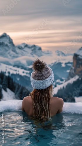 The girl bathes in a hot spring in the open air with a gorgeous view of the snowy mountains. Incredible iceland in winter.