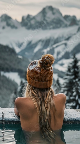 The girl bathes in a hot spring in the open air with a gorgeous view of the snowy mountains. Incredible iceland in winter.