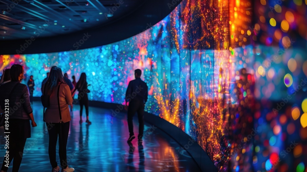 Colorful LED Light Installation at Modern Art Gallery with Visitors