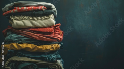 Neatly Folded Colorful Clothes Stack on Dark Background photo