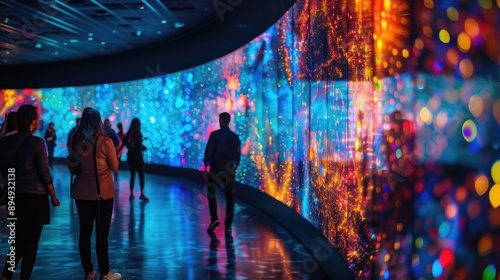 Obraz na płótnie Colorful LED Light Installation at Modern Art Gallery with Visitors w salonie