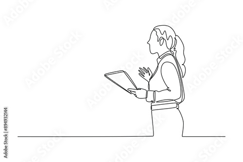 Lecturers teaching in class concept. Single line draw design vector graphic illustration.